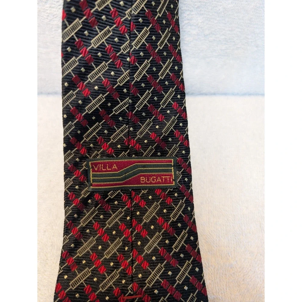Villa Bugatti Tie 100% Italian Silk Vintage Necktie‎ Red Black Italy